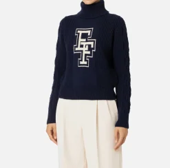 Elisabetta Franchi Knitwear And Sweatshirts|College-style wool turtleneck top Navy/Butter