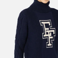 Elisabetta Franchi Knitwear And Sweatshirts|College-style wool turtleneck top Navy/Butter