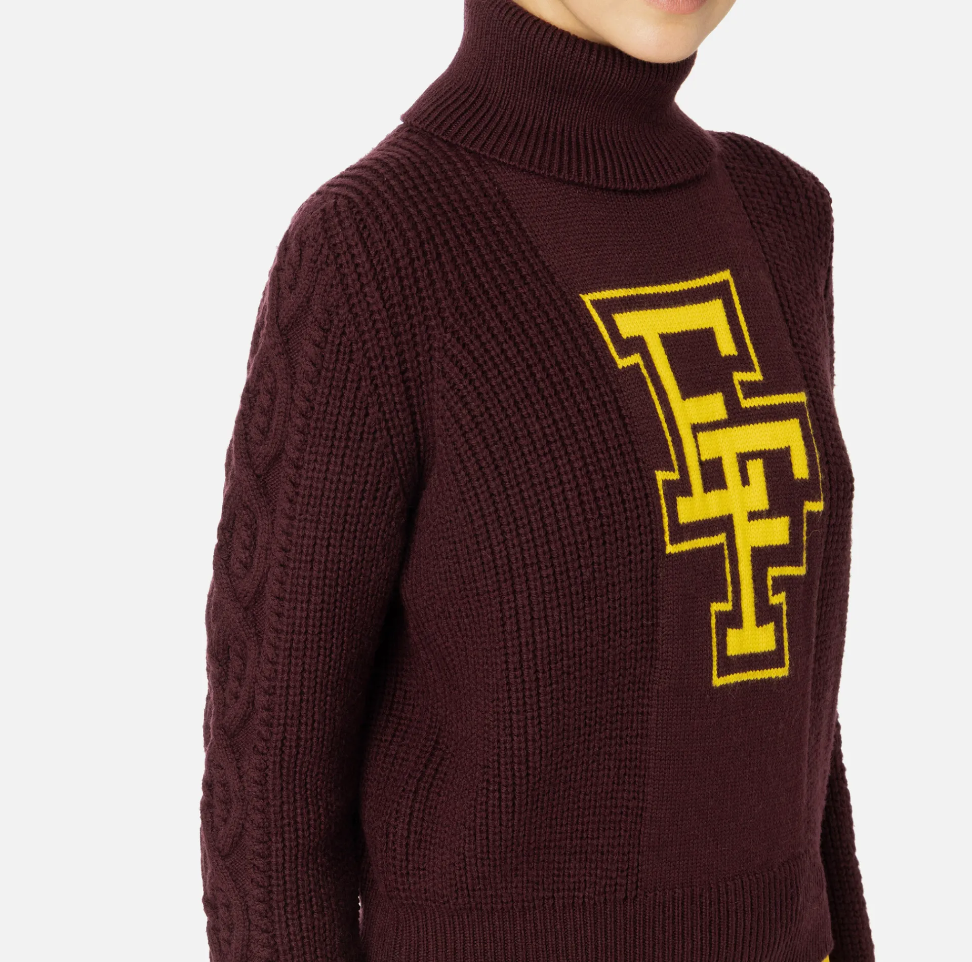 Elisabetta Franchi Knitwear And Sweatshirts|College-style wool turtleneck top RougeNoir/Mimosa
