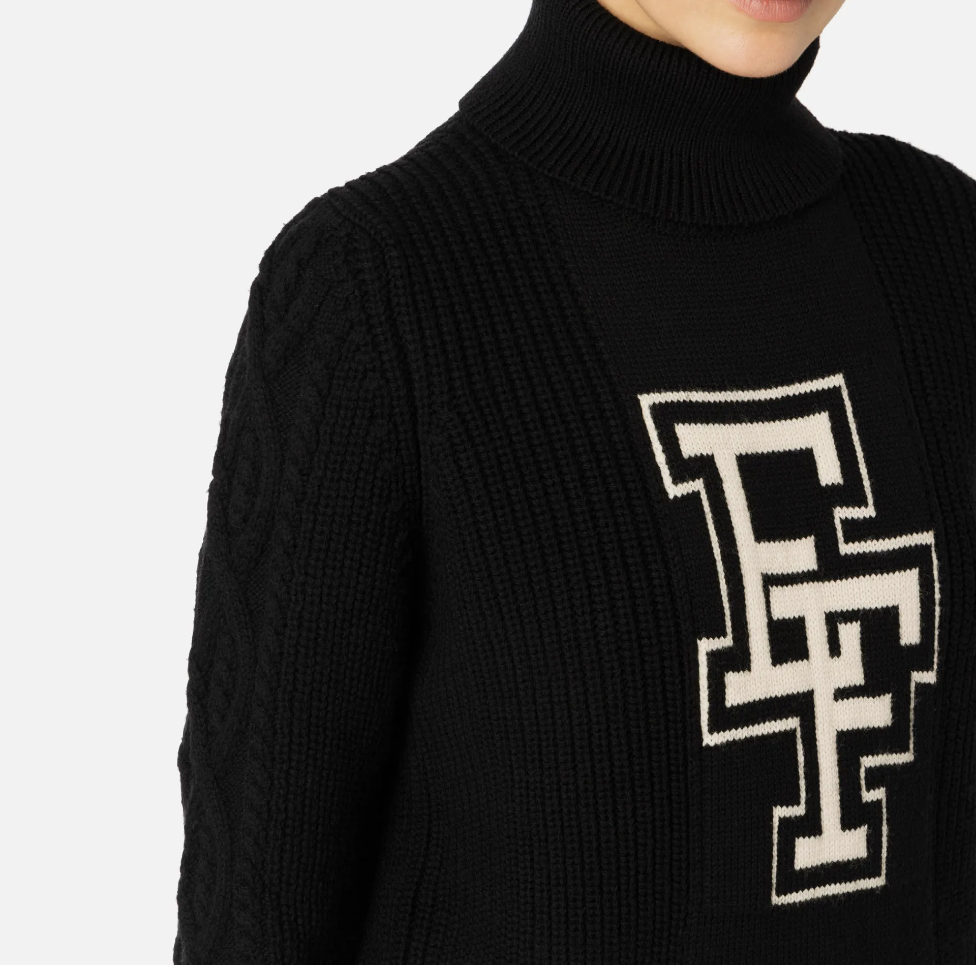 Elisabetta Franchi Knitwear And Sweatshirts|College-style wool turtleneck top Black/Butter