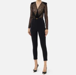 Elisabetta Franchi Jumpsuits|Combined jumpsuit in flocked tulle with diagonal pattern Black