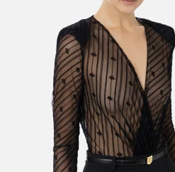 Elisabetta Franchi Jumpsuits|Combined jumpsuit in flocked tulle with diagonal pattern Black