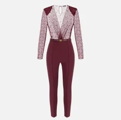 Elisabetta Franchi Jumpsuits|Combined jumpsuit in flocked tulle with diagonal pattern RougeNoir