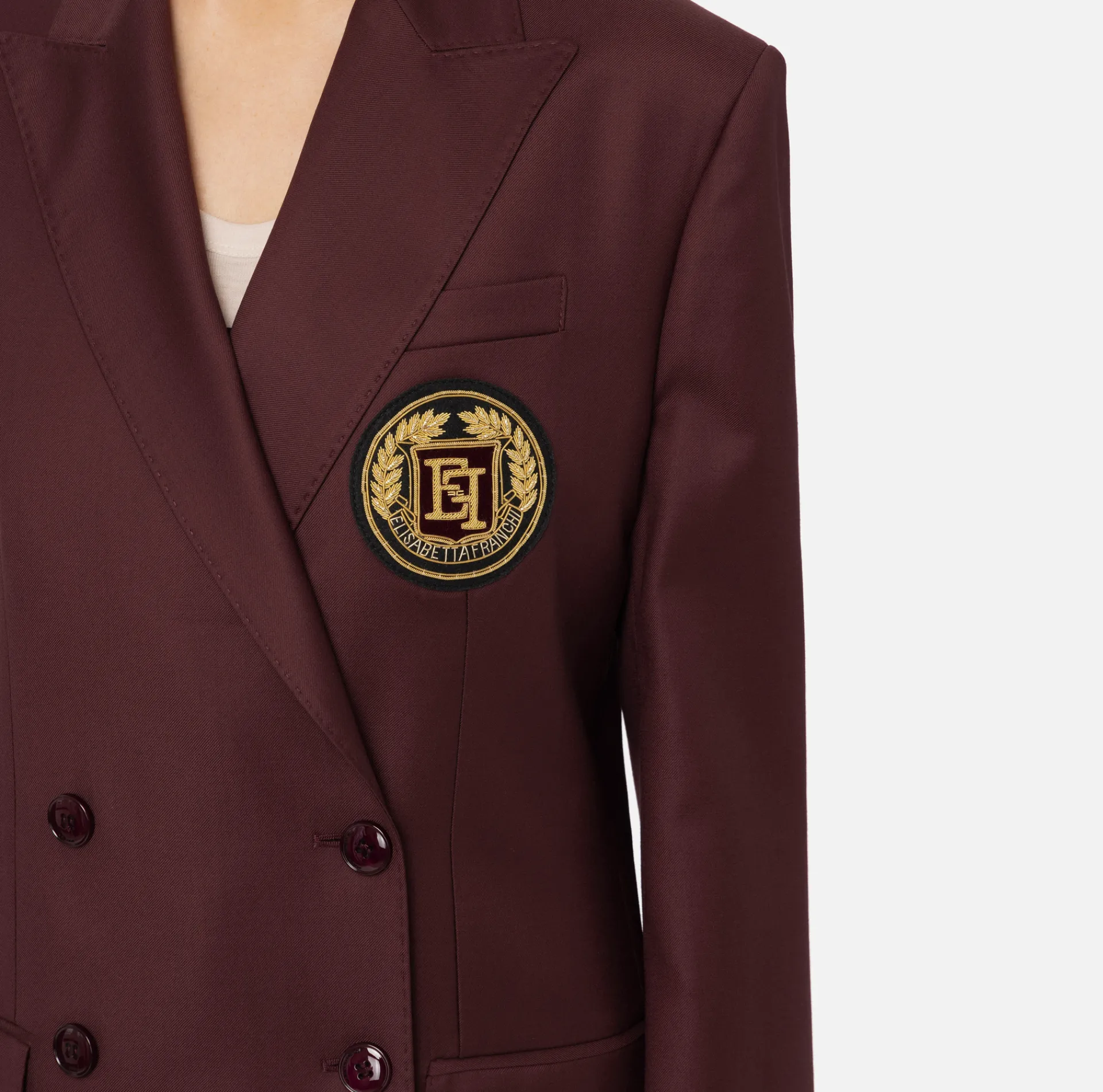 Elisabetta Franchi Jackets And Trench Coats|Cool wool double-breasted jacket with patch RougeNoir
