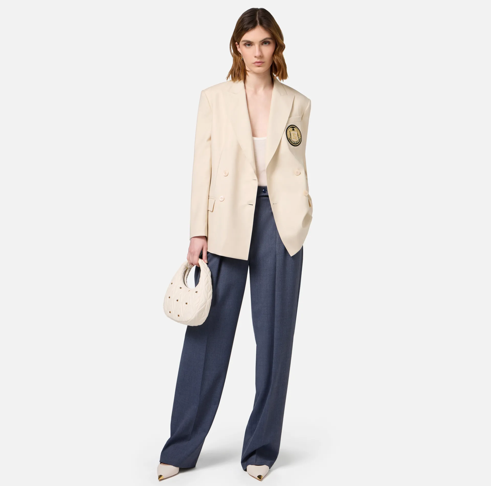 Elisabetta Franchi Jackets And Trench Coats|Cool wool double-breasted jacket with patch