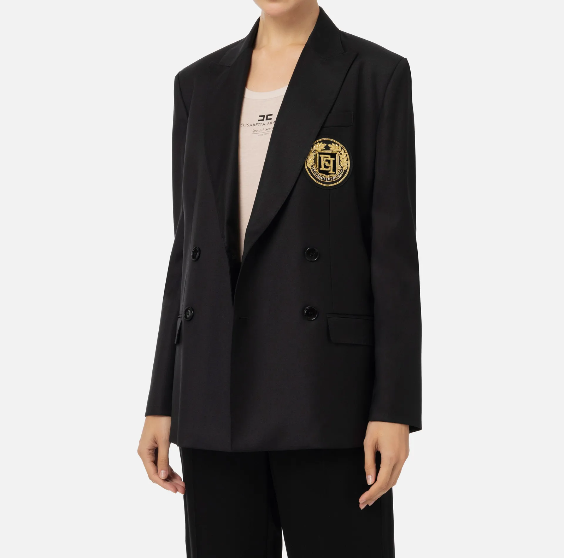 Elisabetta Franchi Jackets And Trench Coats|Cool wool double-breasted jacket with patch Black