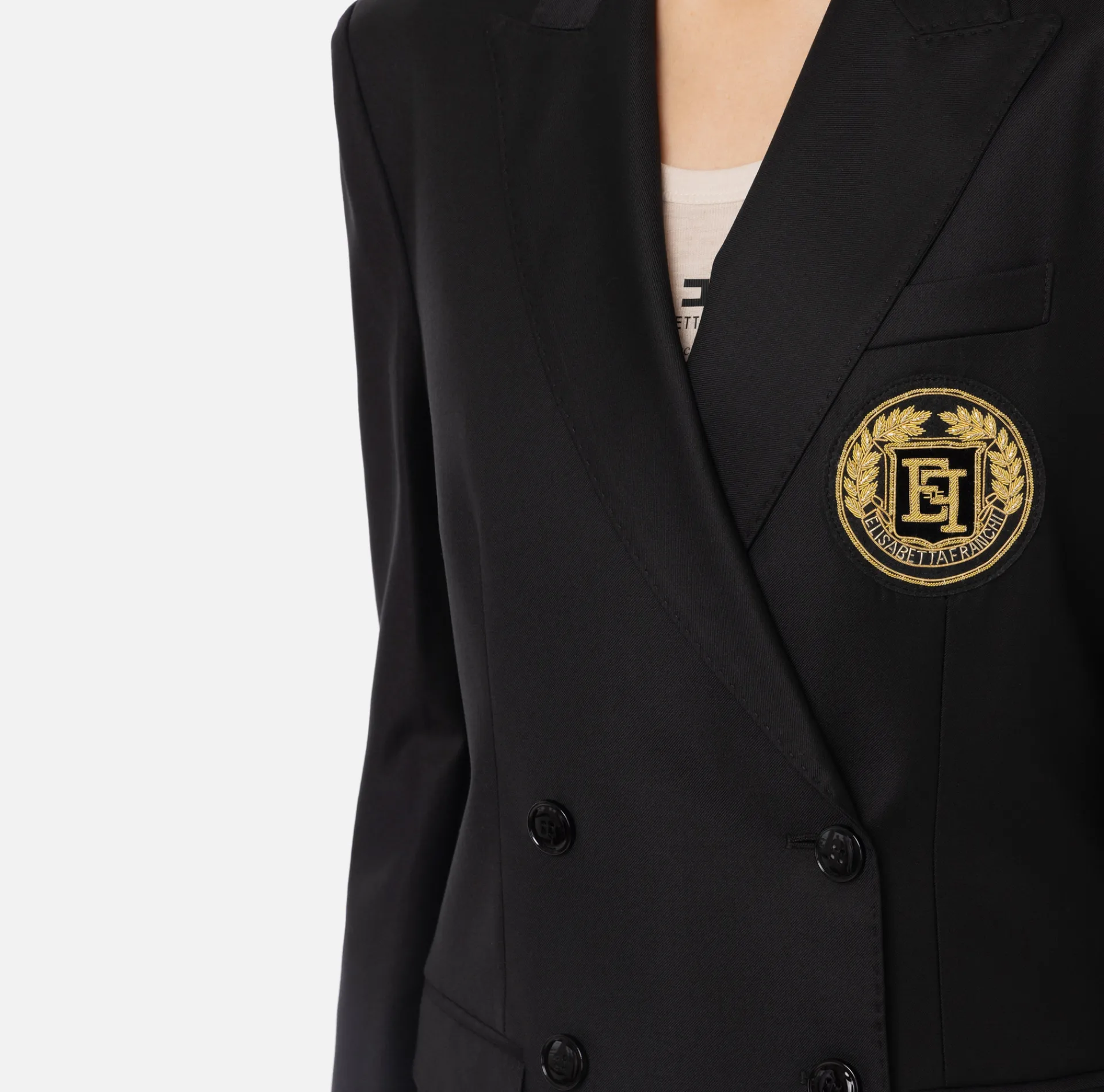 Elisabetta Franchi Jackets And Trench Coats|Cool wool double-breasted jacket with patch Black