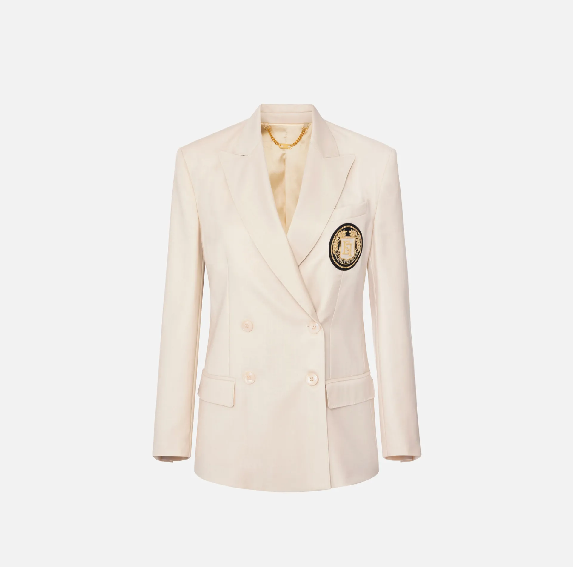 Elisabetta Franchi Jackets And Trench Coats|Cool wool double-breasted jacket with patch Cream