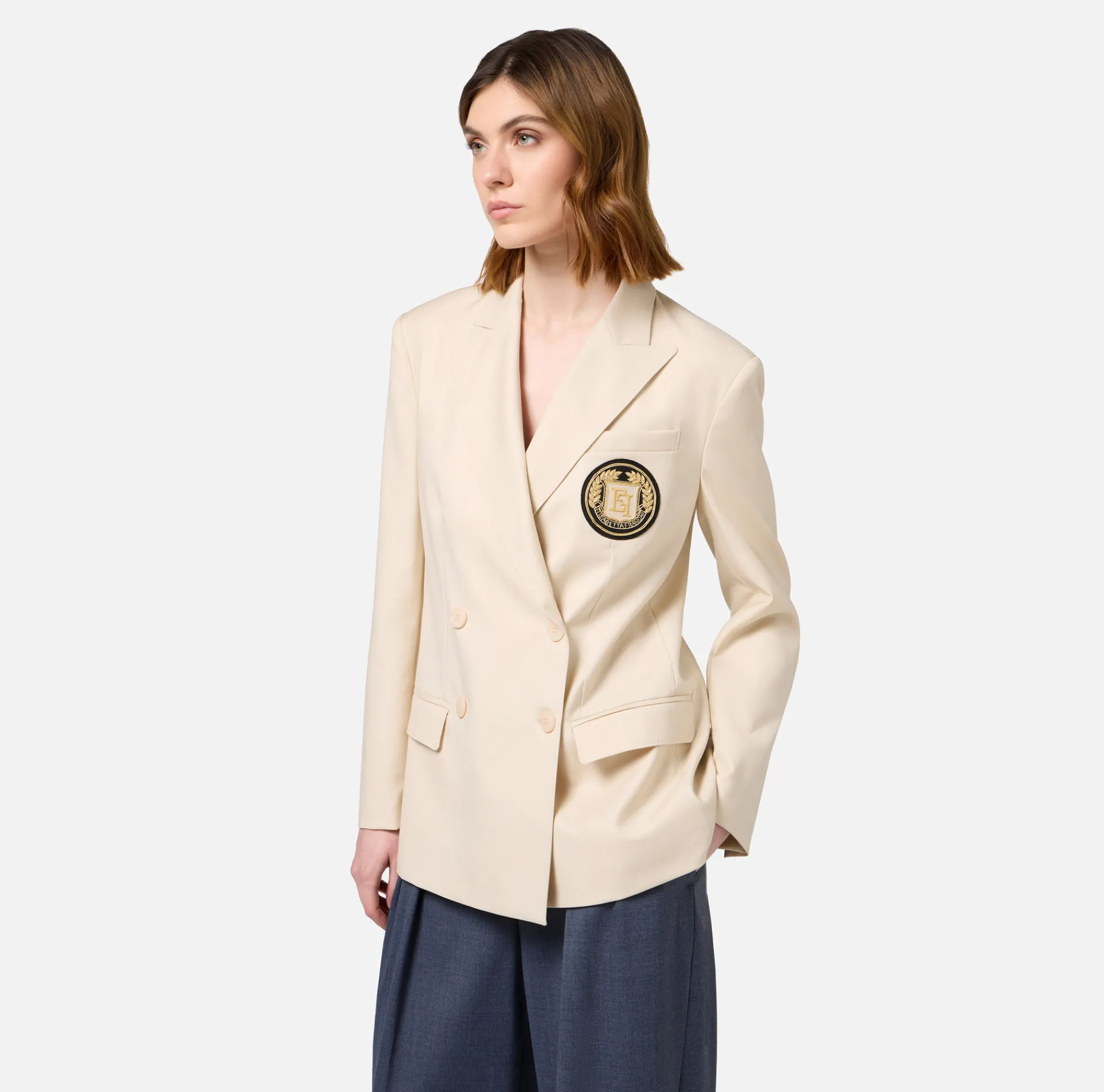 Elisabetta Franchi Jackets And Trench Coats|Cool wool double-breasted jacket with patch Cream