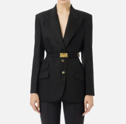 Elisabetta Franchi Jackets And Trench Coats|Tailleur|Cool wool jacket with belt Black