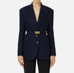 Elisabetta Franchi Jackets And Trench Coats|Tailleur|Cool wool jacket with belt Navy