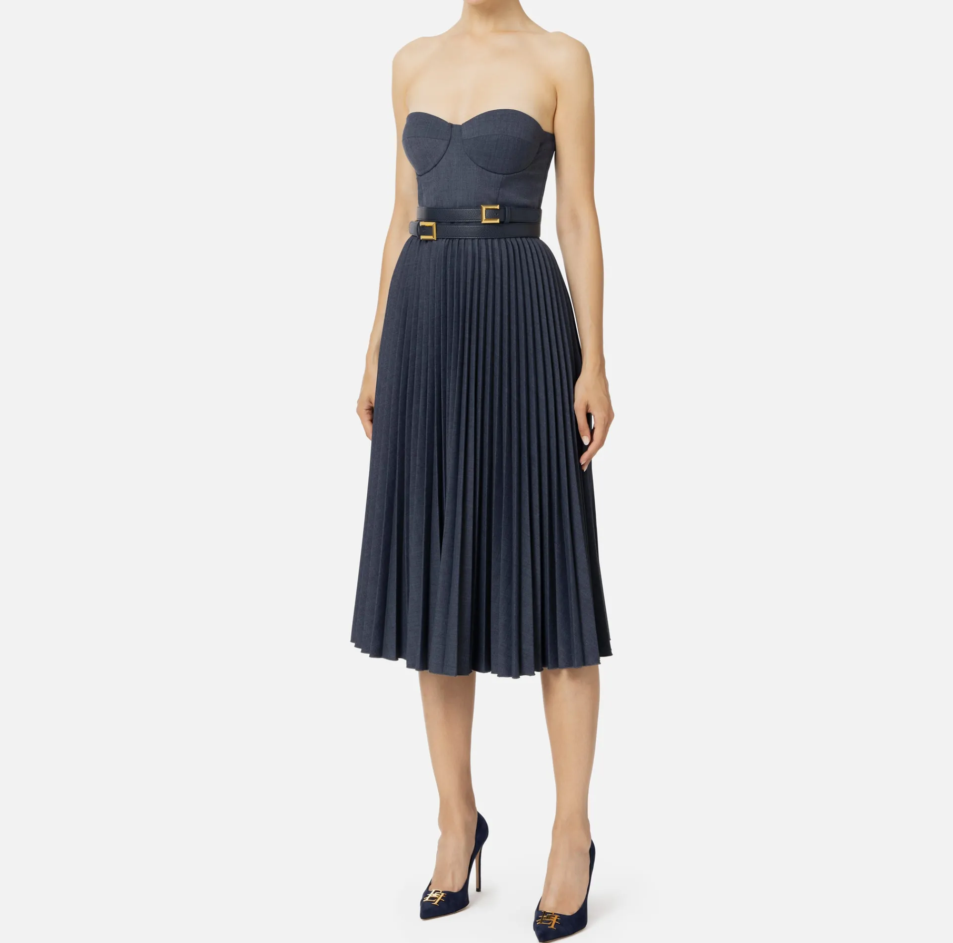 Elisabetta Franchi Midi Dresses|Dresses|Cool wool melange midi dress with pleated skirt and belt Navy