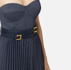 Elisabetta Franchi Midi Dresses|Dresses|Cool wool melange midi dress with pleated skirt and belt Navy