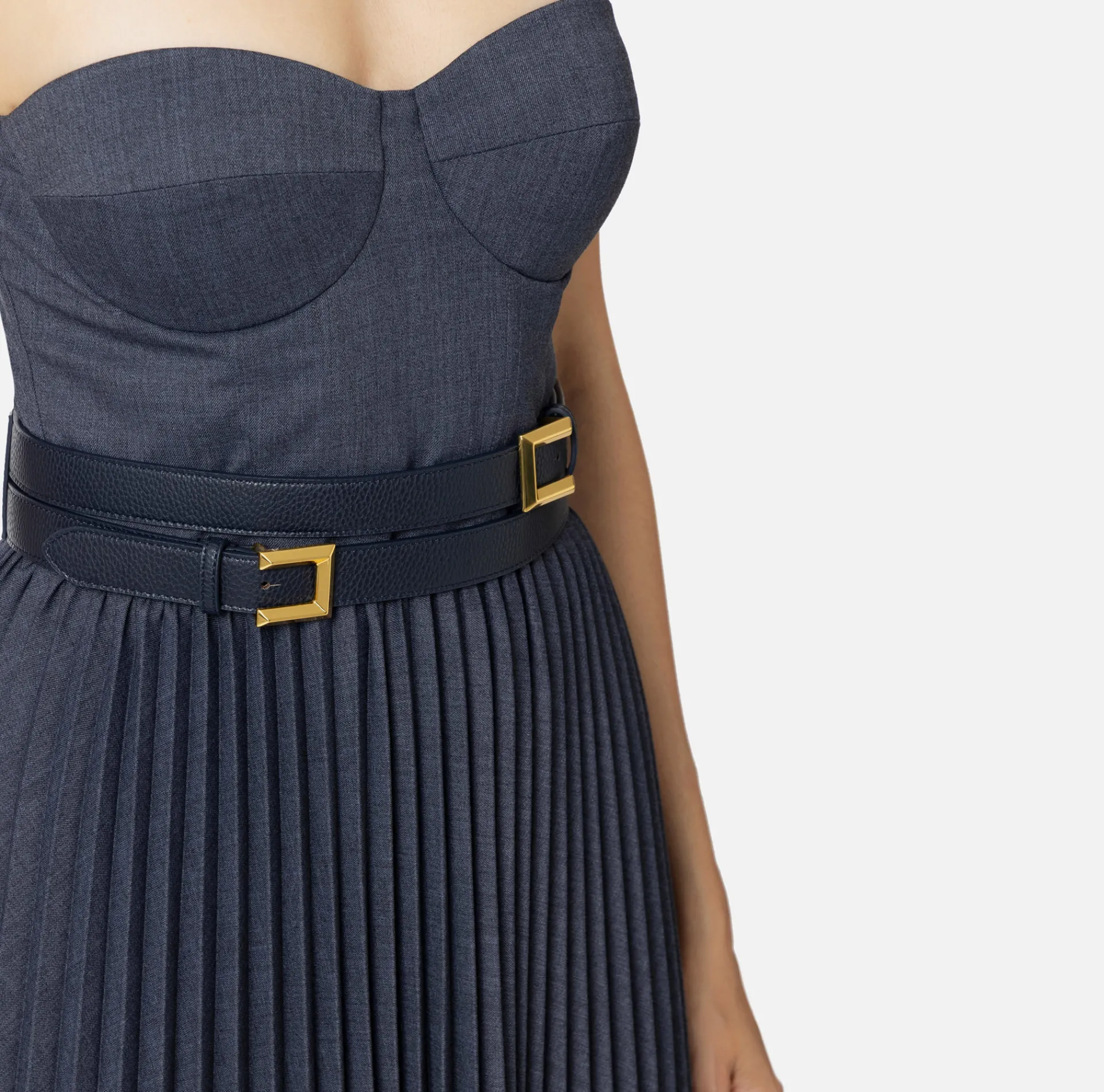 Elisabetta Franchi Midi Dresses|Dresses|Cool wool melange midi dress with pleated skirt and belt Navy