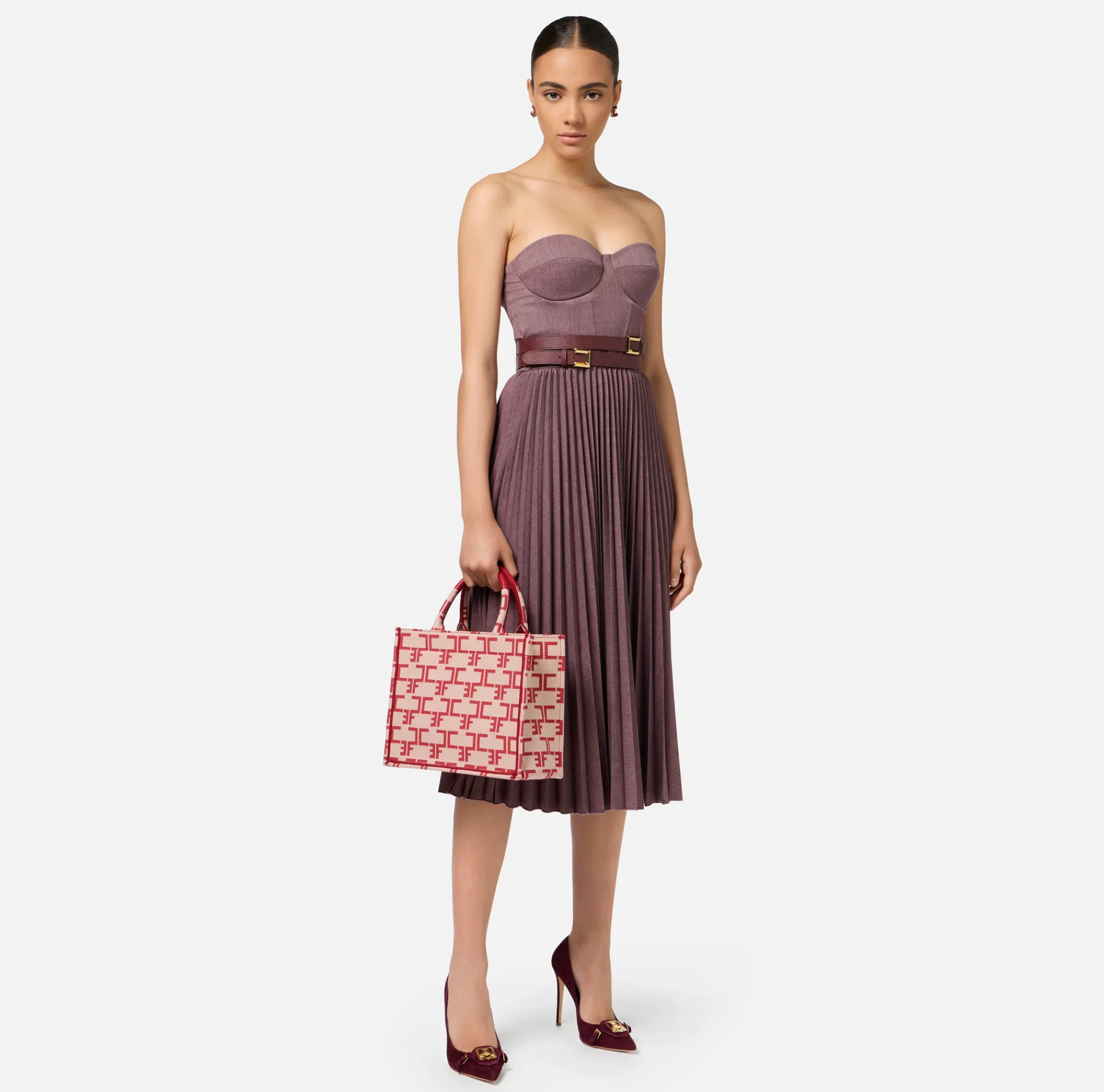 Elisabetta Franchi Midi Dresses|Dresses|Cool wool melange midi dress with pleated skirt and belt RougeNoir