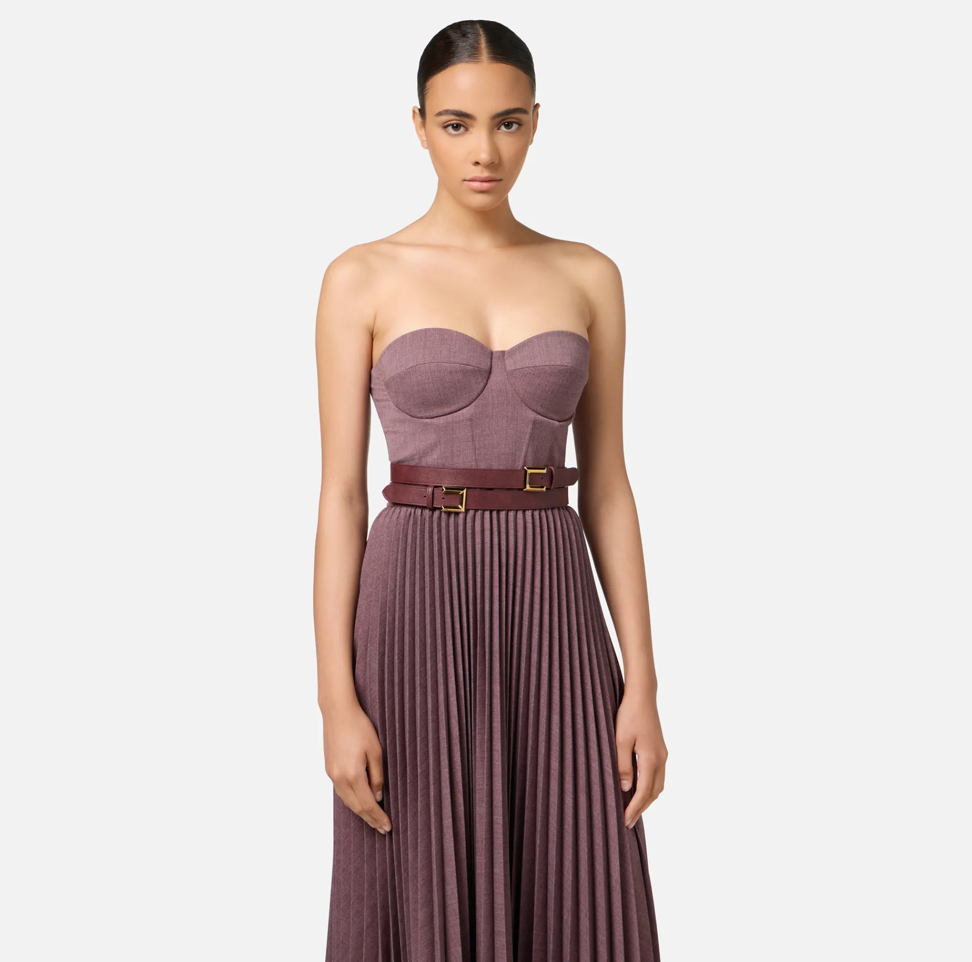 Elisabetta Franchi Midi Dresses|Dresses|Cool wool melange midi dress with pleated skirt and belt RougeNoir
