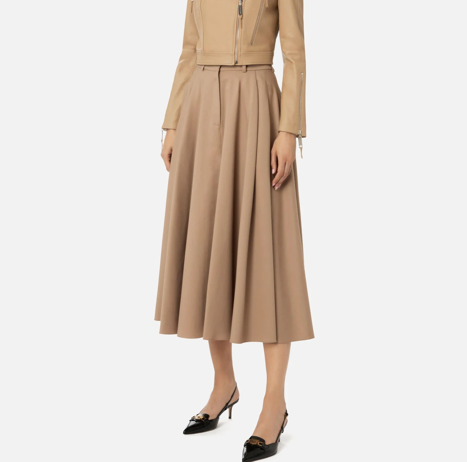 Elisabetta Franchi Skirts|Cool wool midi skirt with emblem embroidery Camel