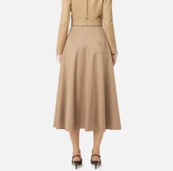 Elisabetta Franchi Skirts|Cool wool midi skirt with emblem embroidery Camel