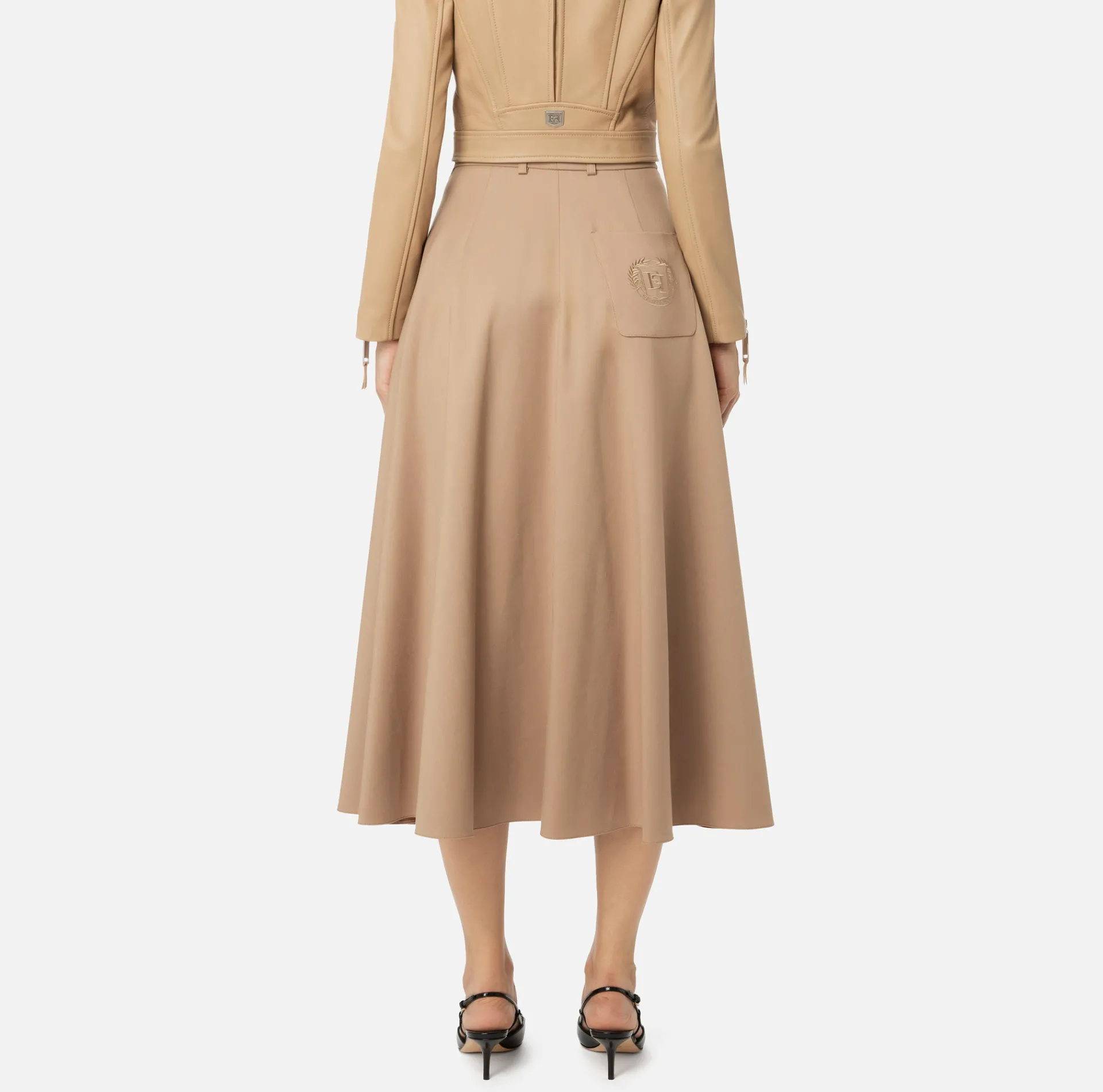 Elisabetta Franchi Skirts|Cool wool midi skirt with emblem embroidery Camel