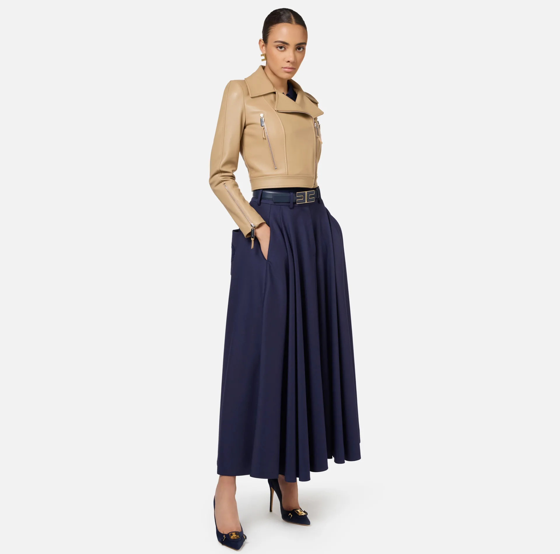 Elisabetta Franchi Skirts|Cool wool midi skirt with emblem embroidery Navy