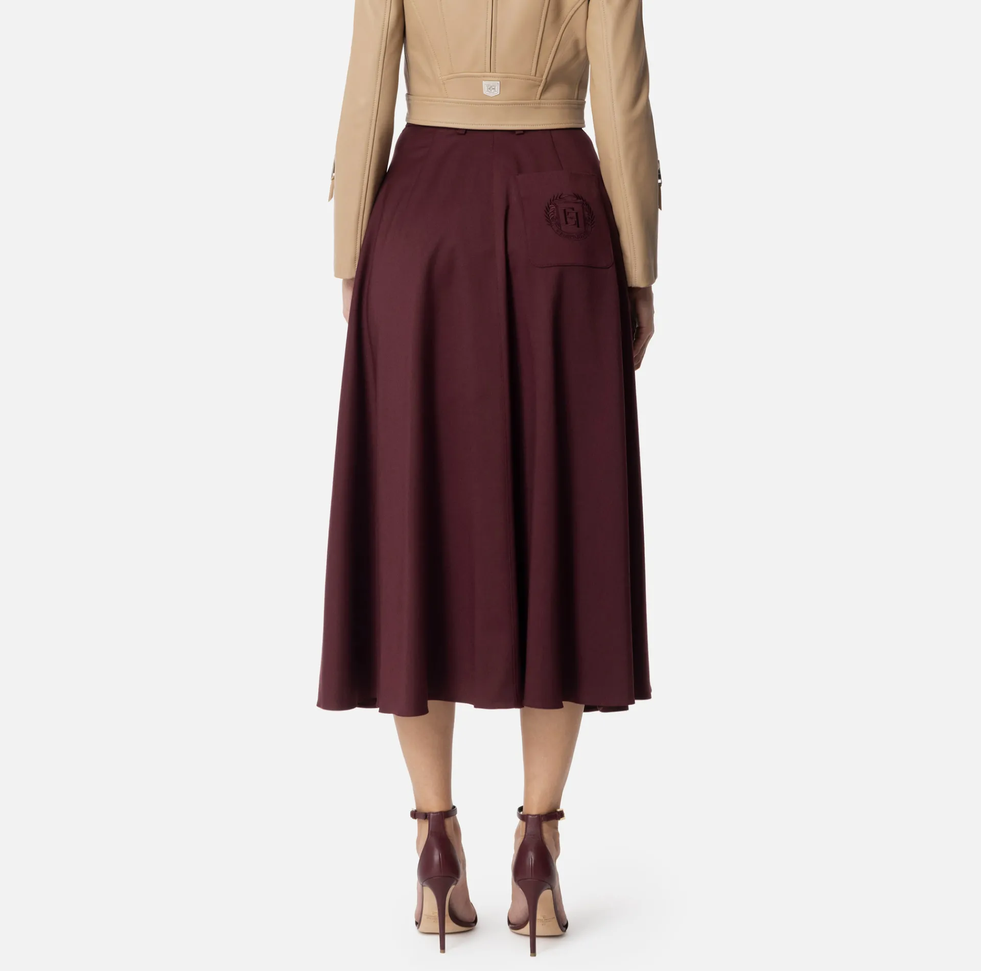 Elisabetta Franchi Skirts|Cool wool midi skirt with emblem embroidery RougeNoir