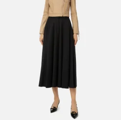 Elisabetta Franchi Skirts|Cool wool midi skirt with emblem embroidery Black