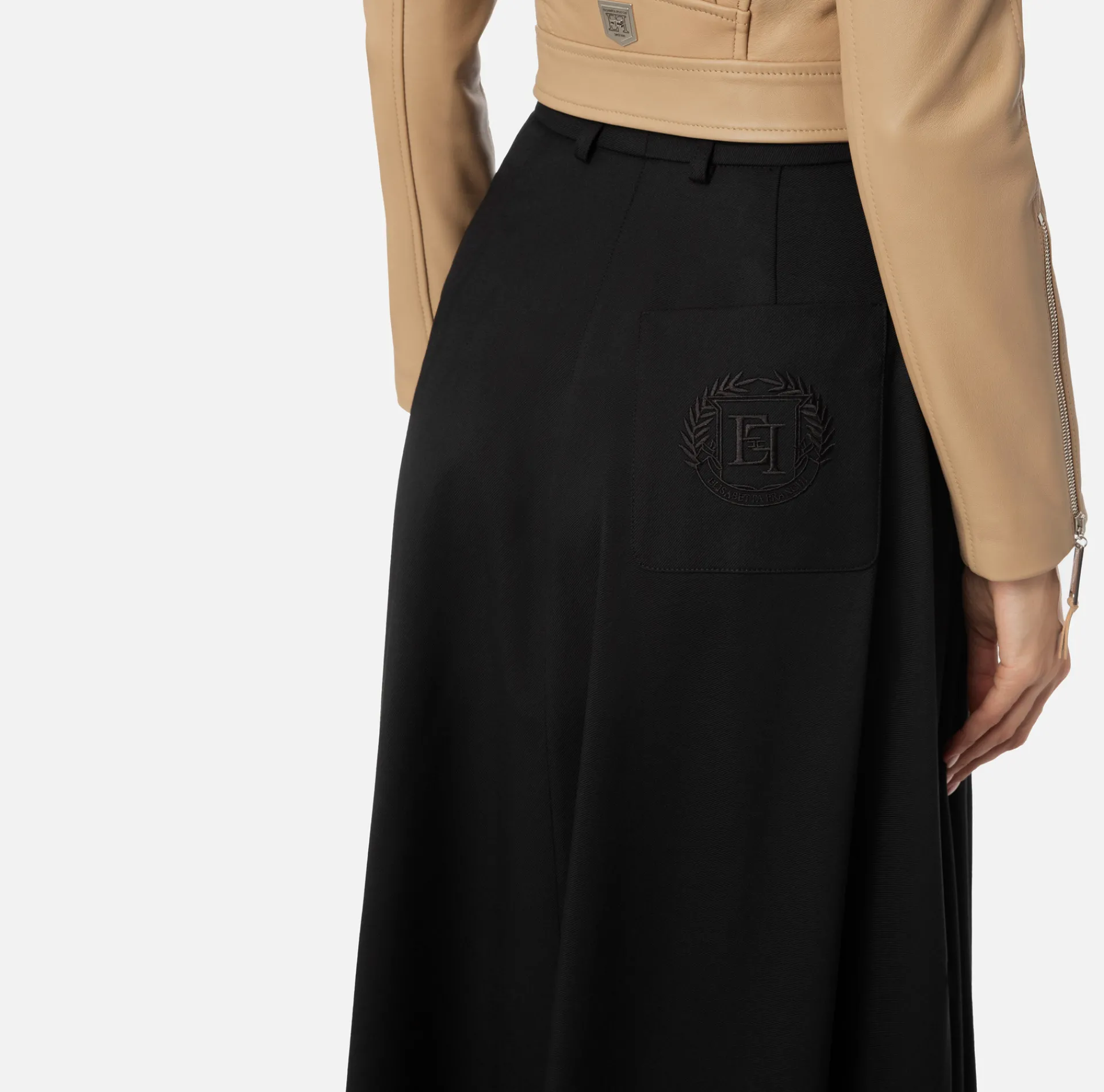 Elisabetta Franchi Skirts|Cool wool midi skirt with emblem embroidery Black