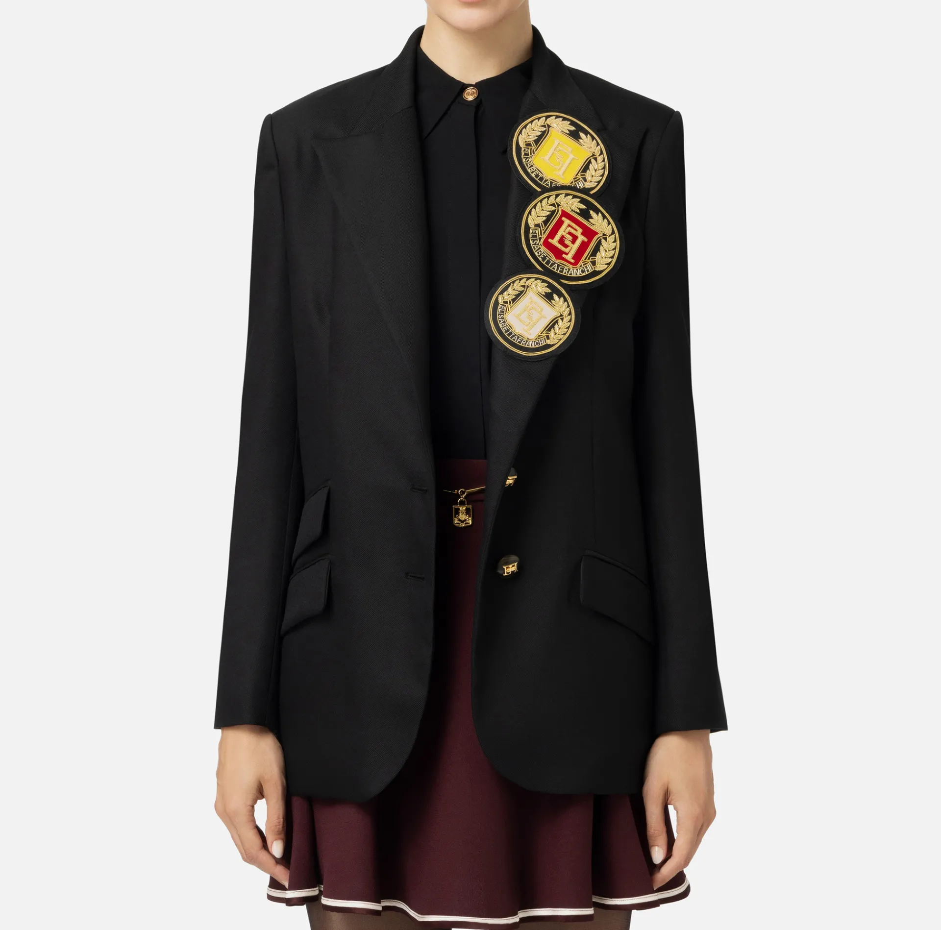 Elisabetta Franchi Jackets And Trench Coats|Cool wool single-breasted jacket with patch Black