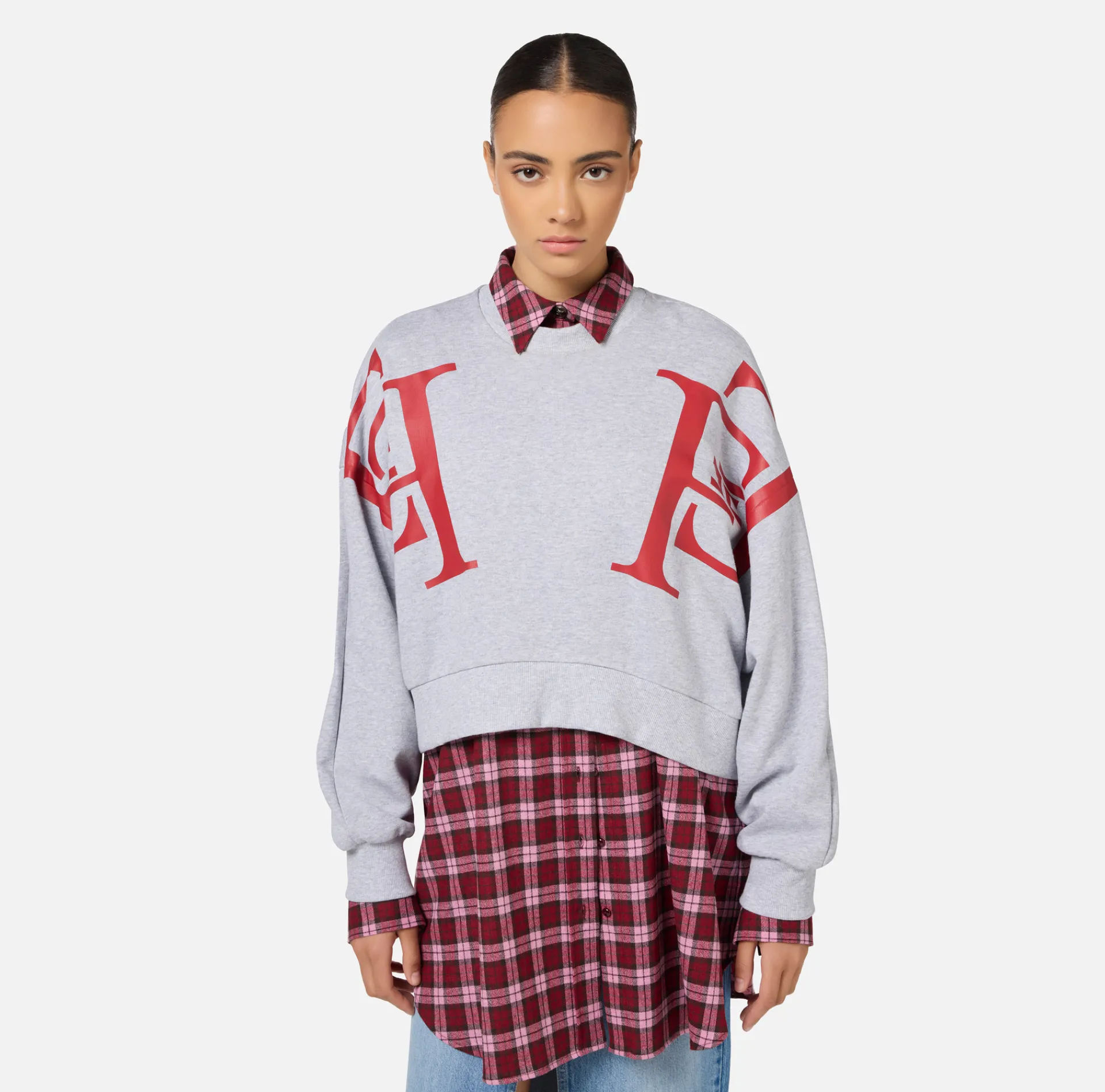 Elisabetta Franchi Knitwear And Sweatshirts|Cotton cropped sweatshirt with maxi logo HeatherGrey