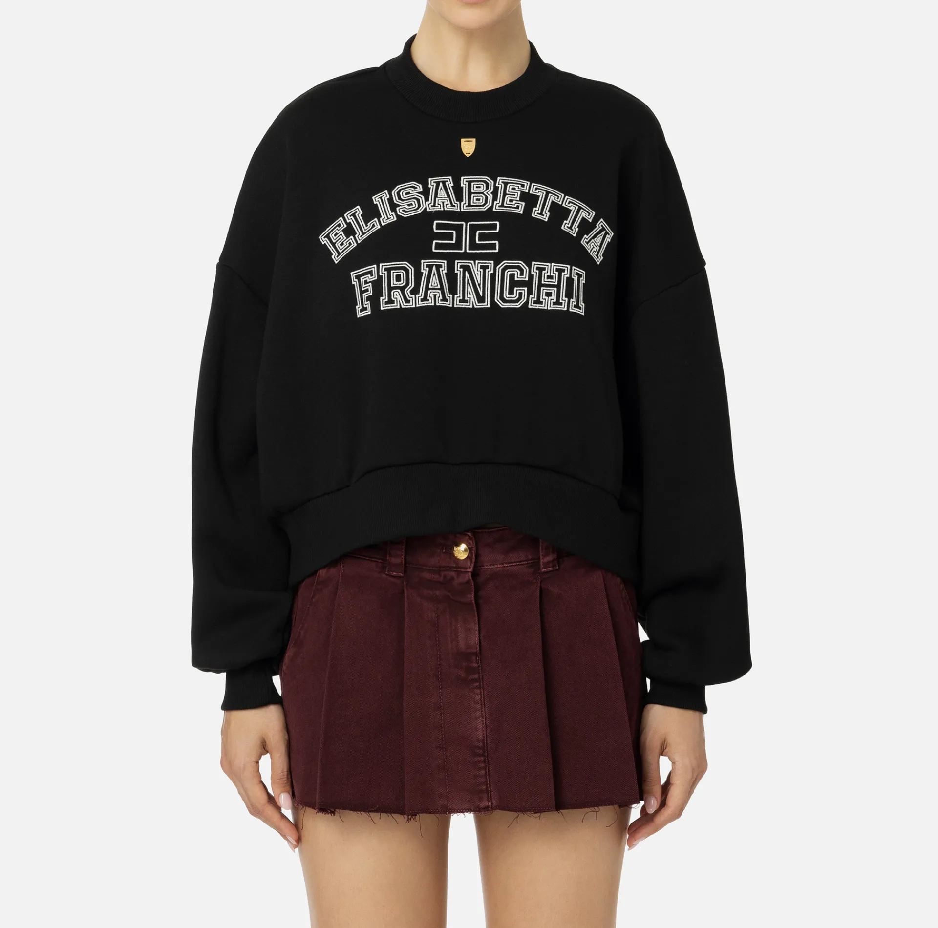 Elisabetta Franchi Knitwear And Sweatshirts|Cotton cropped sweatshirt with college logo Black