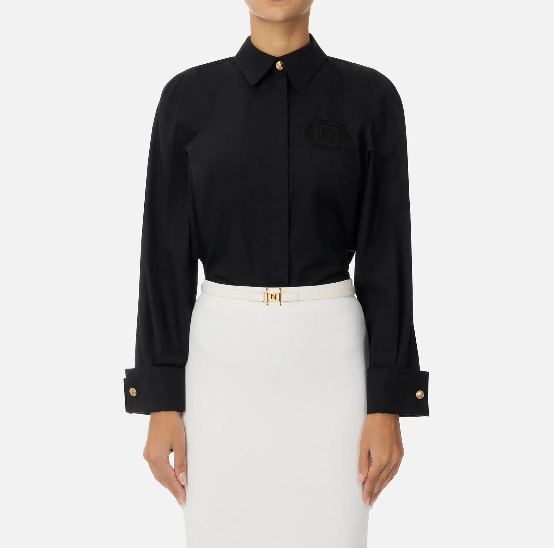 Elisabetta Franchi Shirts And Blouses|Cotton poplin shirt with gathers and logo emblem Black