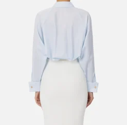 Elisabetta Franchi Shirts And Blouses|Cotton poplin shirt with gathers and logo emblem Skyblue