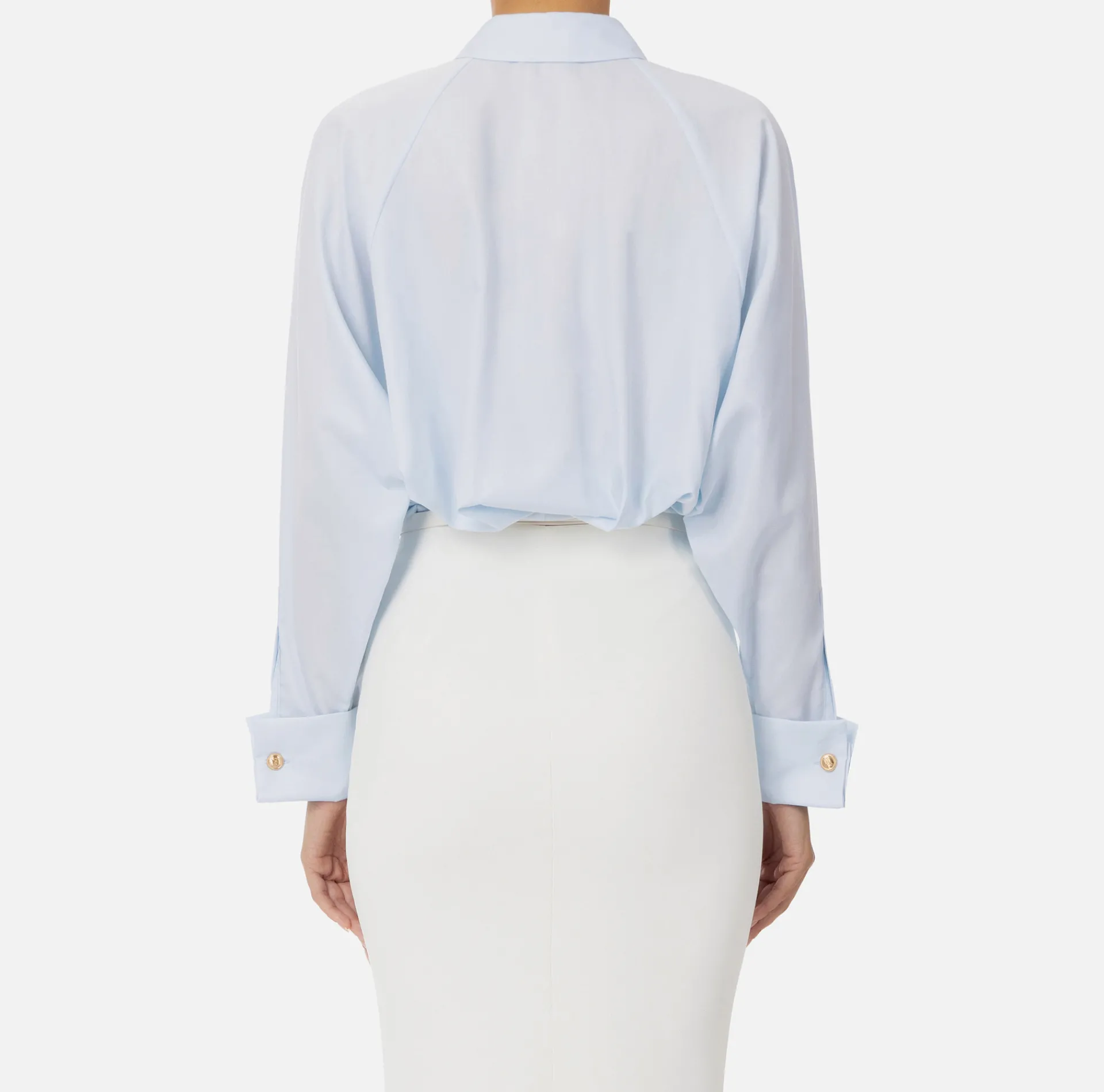 Elisabetta Franchi Shirts And Blouses|Cotton poplin shirt with gathers and logo emblem Skyblue