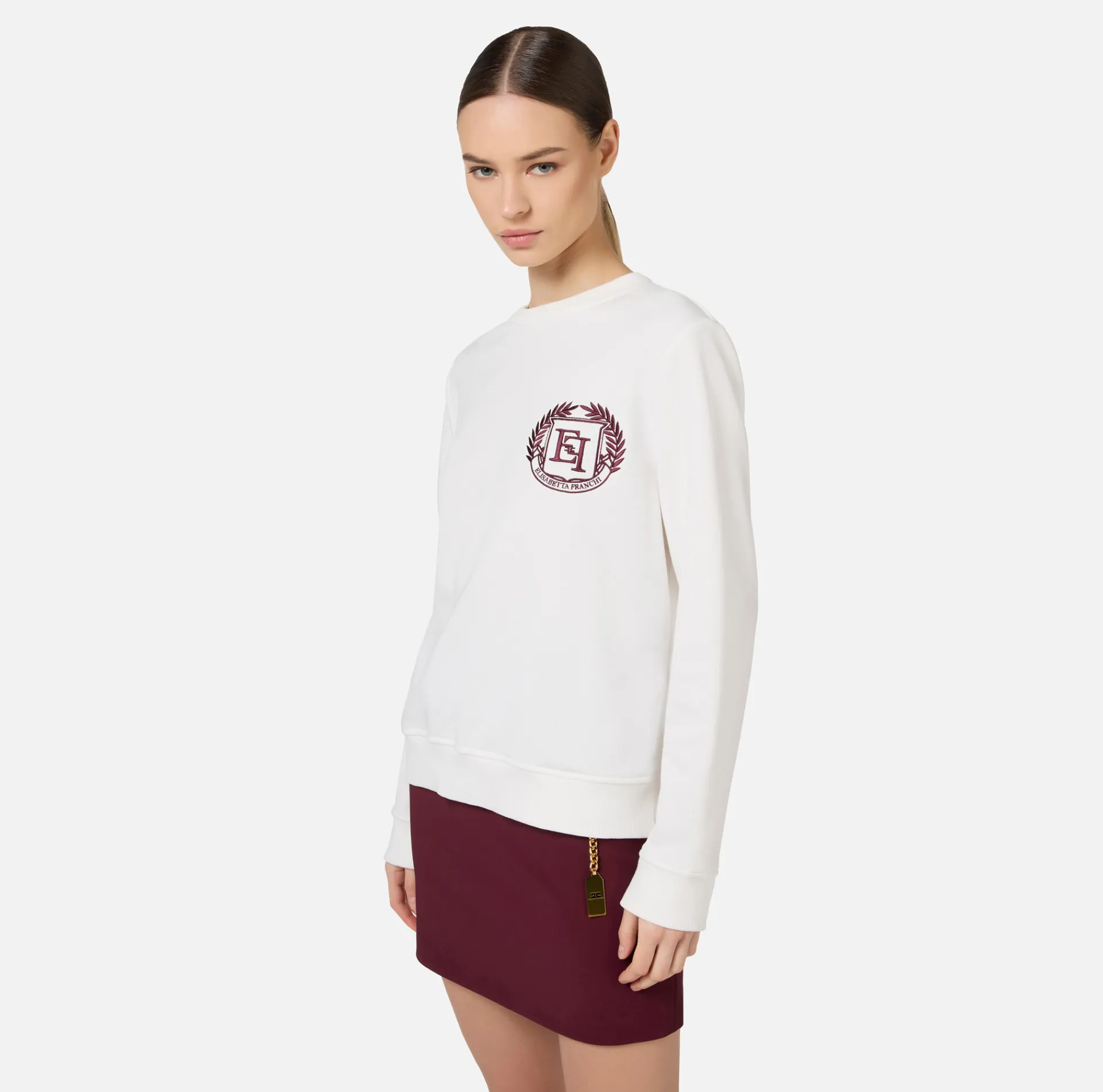 Elisabetta Franchi Knitwear And Sweatshirts|Cotton sweatshirt with emblem embroidery Ivory