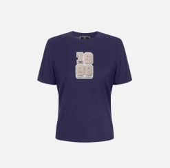 Elisabetta Franchi Top And T-Shirts|Cotton T-shirt with college-style logo patch Navy