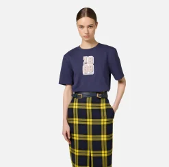 Elisabetta Franchi Top And T-Shirts|Cotton T-shirt with college-style logo patch Navy