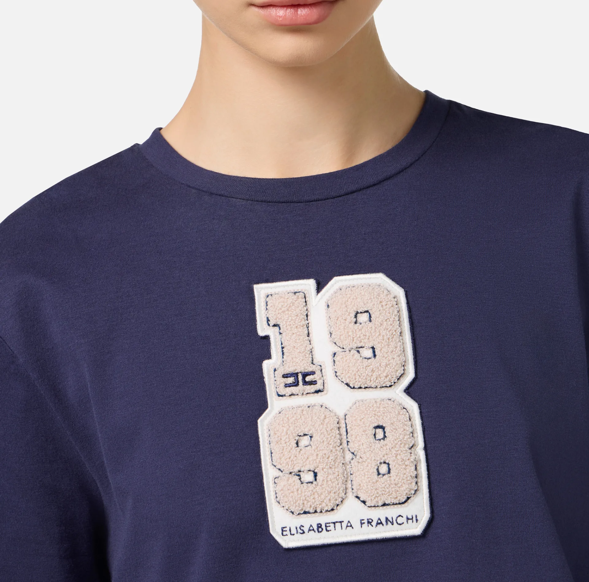 Elisabetta Franchi Top And T-Shirts|Cotton T-shirt with college-style logo patch Navy