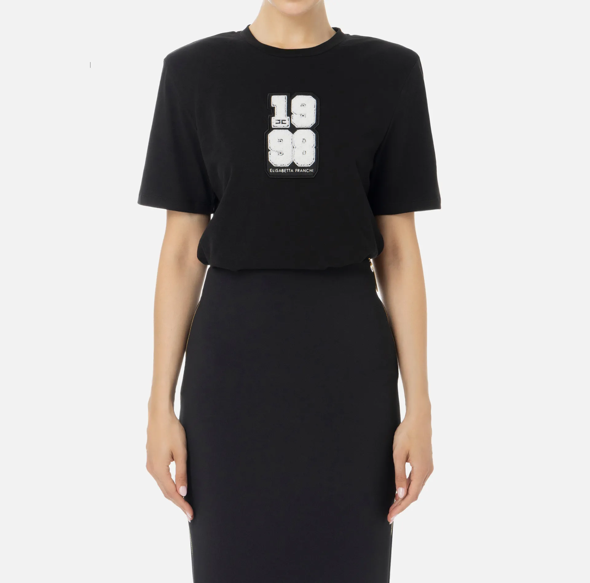 Elisabetta Franchi Top And T-Shirts|Cotton T-shirt with college-style logo patch Black