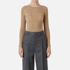 Elisabetta Franchi Knitwear And Sweatshirts|Crew neck shirt in narrow-ribbed lyocell and silk fabric with logo embroidery Camel