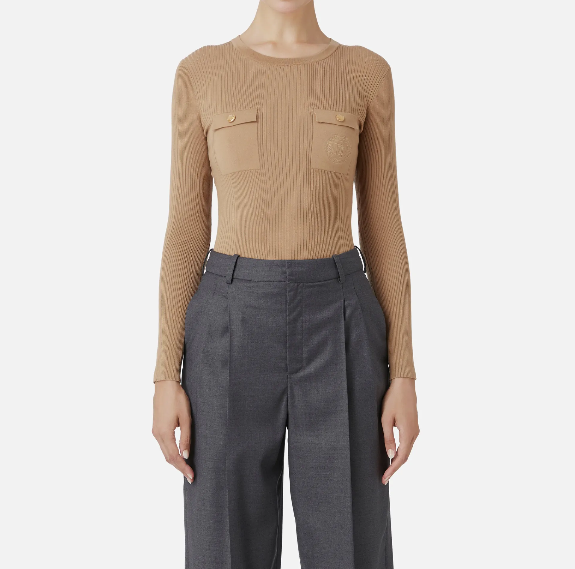 Elisabetta Franchi Knitwear And Sweatshirts|Crew neck shirt in narrow-ribbed lyocell and silk fabric with logo embroidery Camel