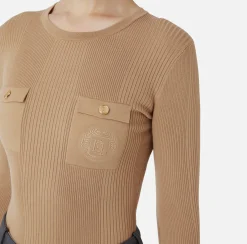 Elisabetta Franchi Knitwear And Sweatshirts|Crew neck shirt in narrow-ribbed lyocell and silk fabric with logo embroidery Camel
