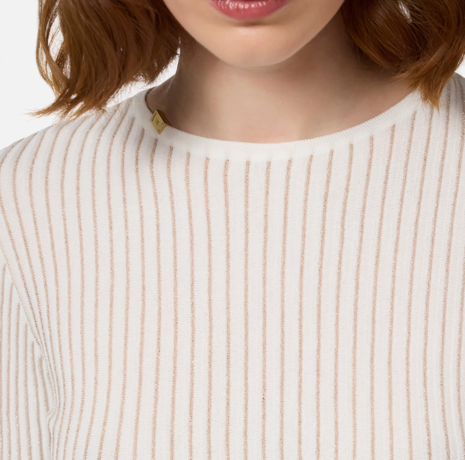 Elisabetta Franchi Knitwear And Sweatshirts|Crew neck shirt in narrow-ribbed lurex and viscose fabric Ivory