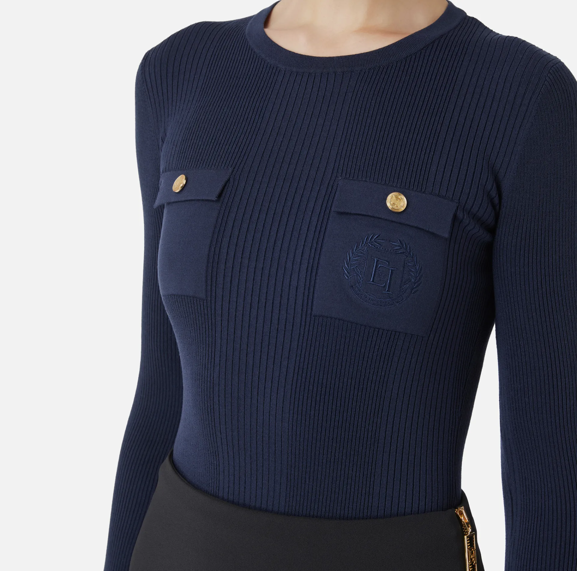 Elisabetta Franchi Knitwear And Sweatshirts|Crew neck shirt in narrow-ribbed lyocell and silk fabric with logo embroidery Navy