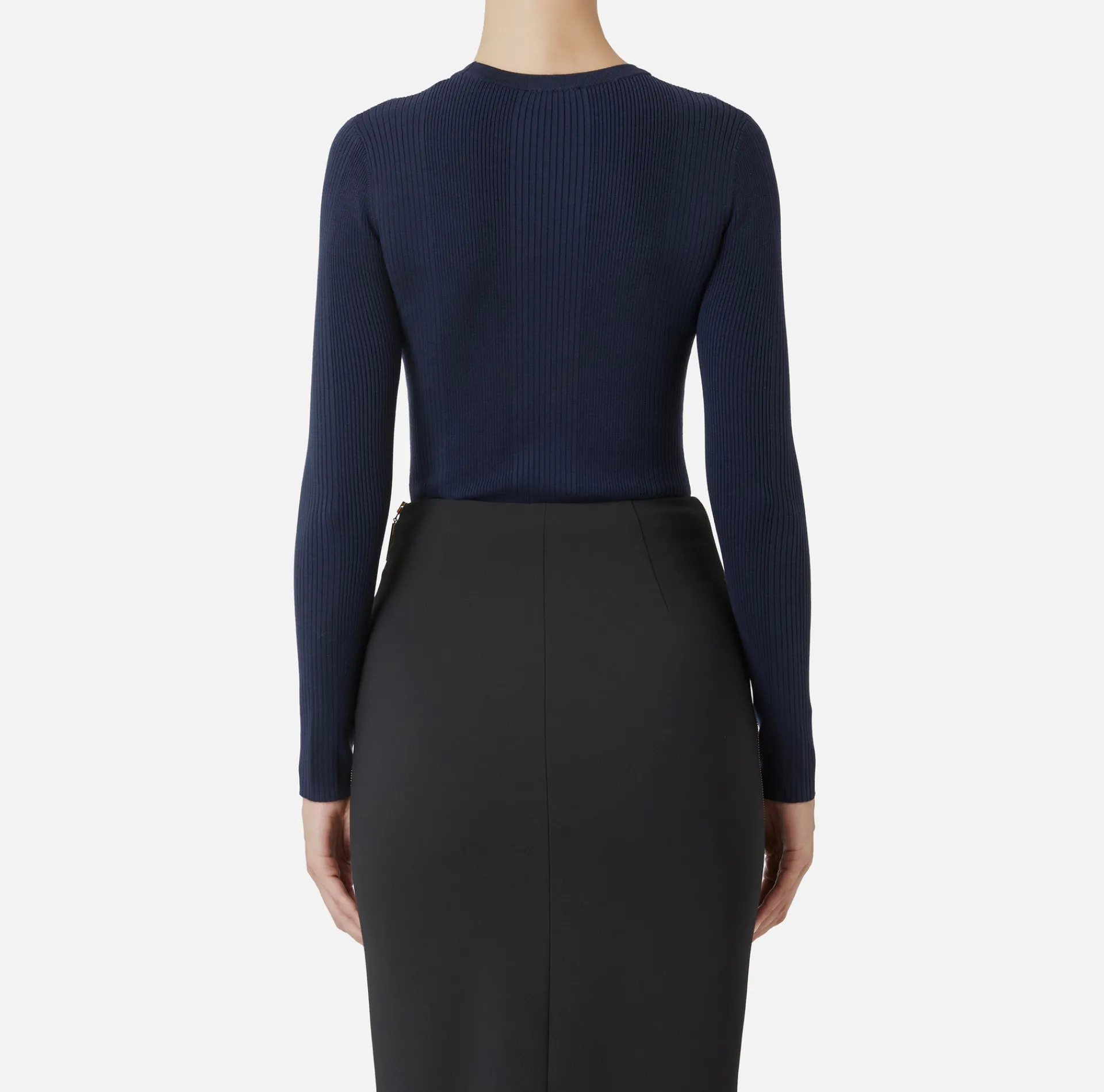 Elisabetta Franchi Knitwear And Sweatshirts|Crew neck shirt in narrow-ribbed lyocell and silk fabric with logo embroidery Navy