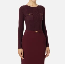 Elisabetta Franchi Knitwear And Sweatshirts|Crew neck shirt in narrow-ribbed lyocell and silk fabric with logo embroidery RougeNoir