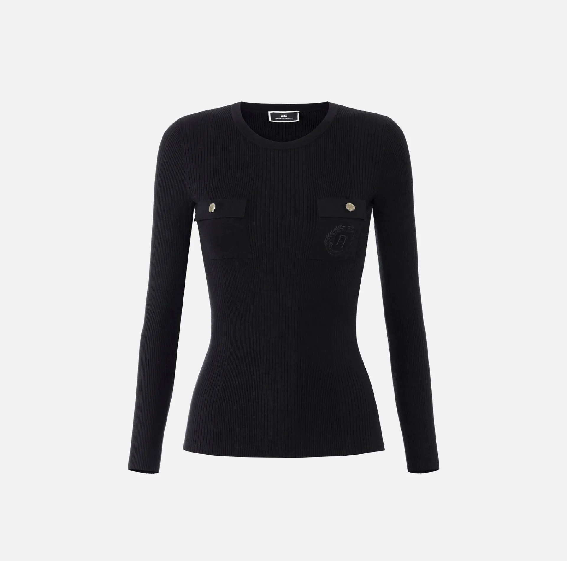 Elisabetta Franchi Knitwear And Sweatshirts|Crew neck shirt in narrow-ribbed lyocell and silk fabric with logo embroidery Black