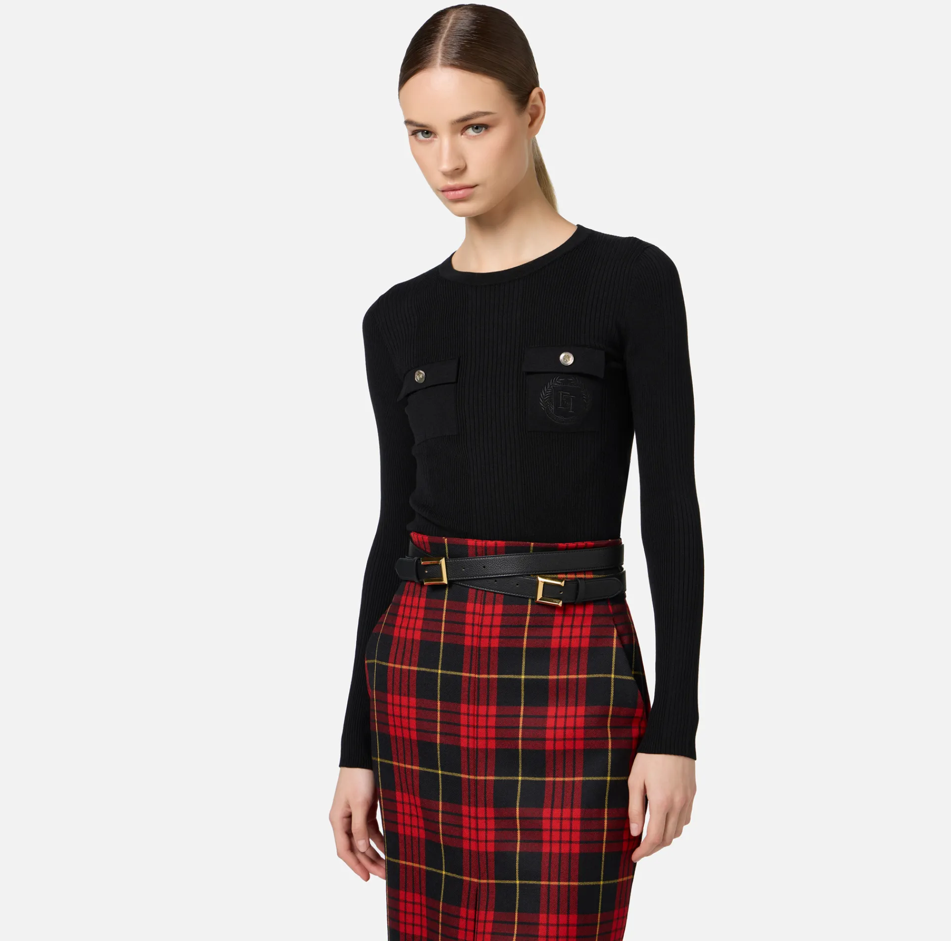 Elisabetta Franchi Knitwear And Sweatshirts|Crew neck shirt in narrow-ribbed lyocell and silk fabric with logo embroidery Black