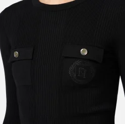 Elisabetta Franchi Knitwear And Sweatshirts|Crew neck shirt in narrow-ribbed lyocell and silk fabric with logo embroidery Black
