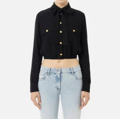 Elisabetta Franchi Shirts And Blouses|Cropped blouse in georgette fabric with foulard scarf neck Black