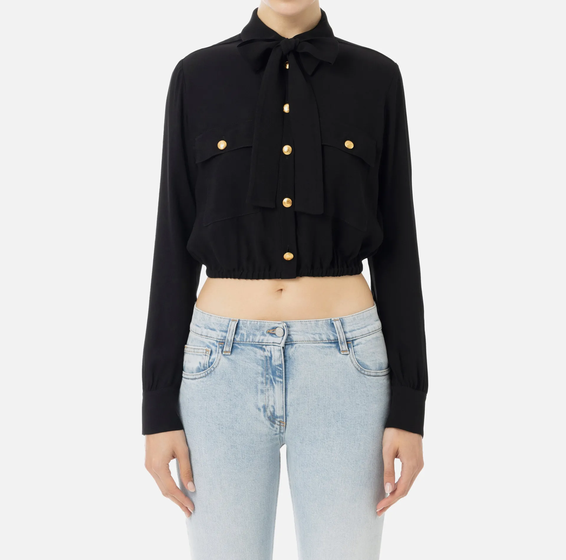 Elisabetta Franchi Shirts And Blouses|Cropped blouse in georgette fabric with foulard scarf neck Black